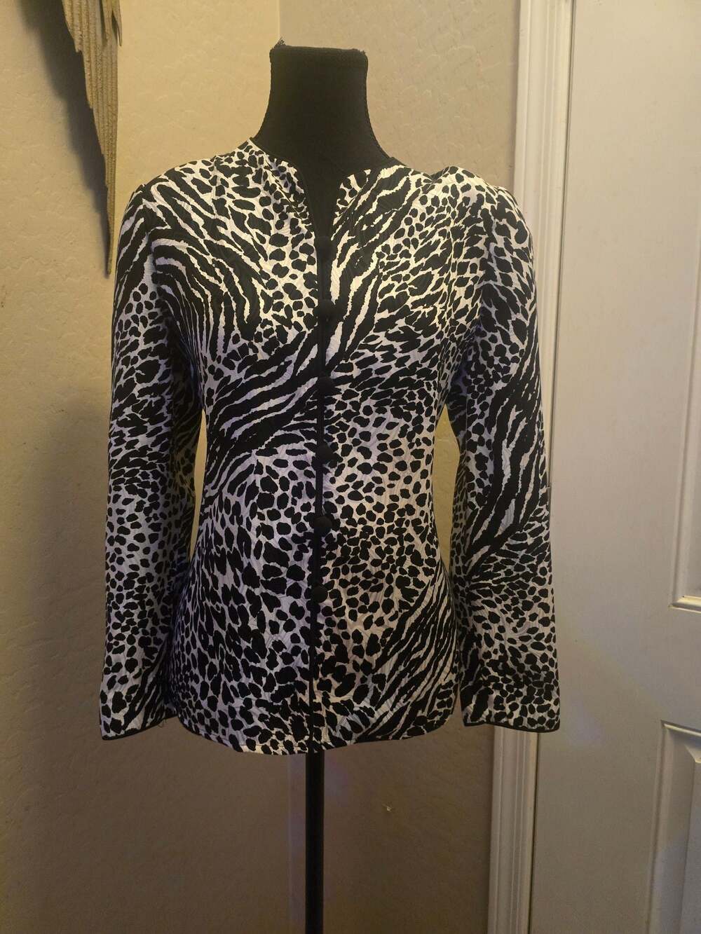 Petite Sophisticate 100% Silk Black and White Animal Zebra Print Blouse